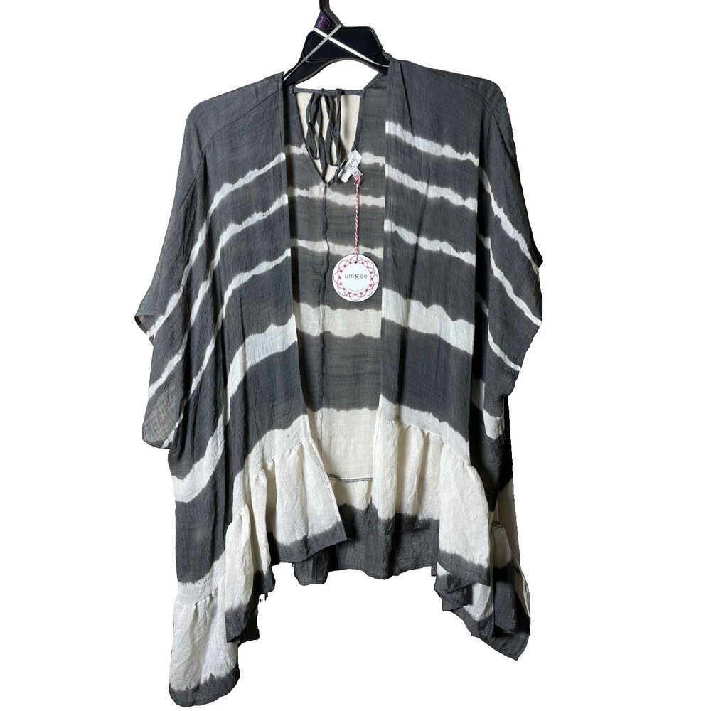 NWT Umgee USA Woman's Boho Kimono Gray Strips Ruffle Bottom Size M/L